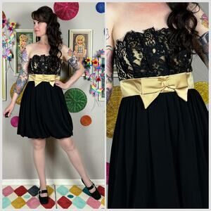 Vintage Y2K Black and Gold Satin and Lace Bubble Hem Mini Prom Dress